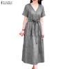 ZANZEA Women Casual V-Neck Short Sleeve Loose Grid Print Dress