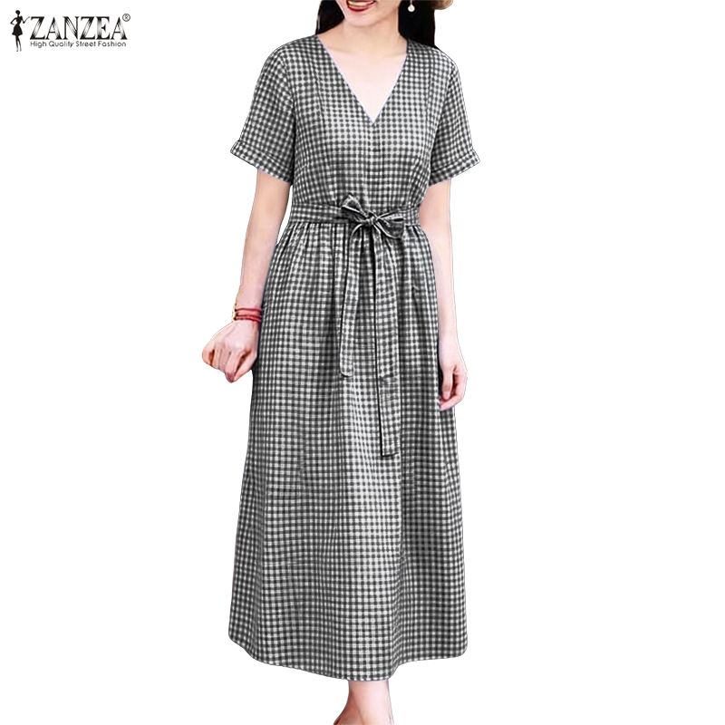 ZANZEA Women Casual V-Neck Short Sleeve Loose Grid Print Dress