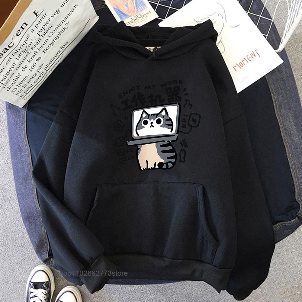 Cartoon Cat Hoodies for Women Is An Abstract Work Machine Mans Sweatshirt Long Sleeved Leisure Outdoor Popular Clothes
