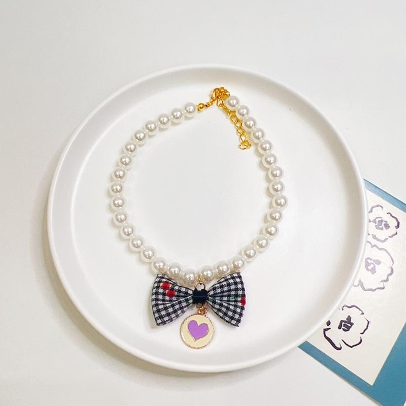 Pet Bowknot Adjustable Collar Cat Jewelry Pendant Princess Pearl Necklace Puppy Collar Decorative Dog Collar Accessories