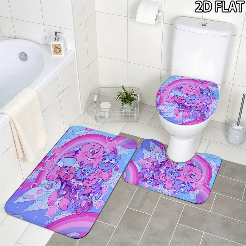 3pcs The Amazing World of Gumball Pattern Flannel Nonslip Absorbent Washable Decorative Bathroom Home Toilet Seat Cover Mat