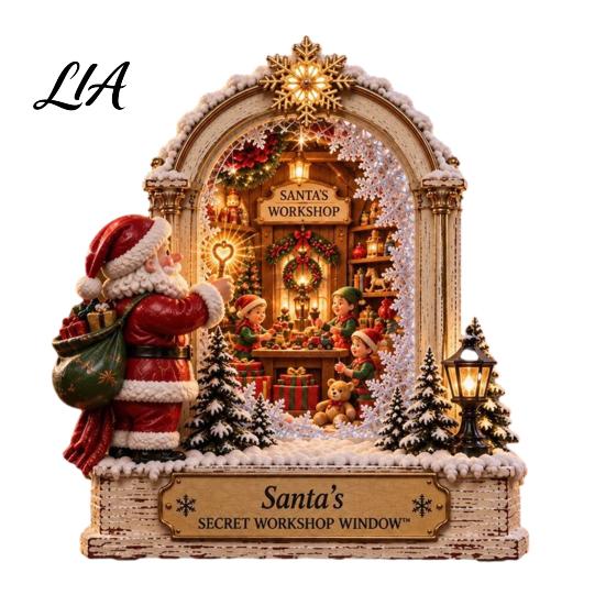 Holiday Party Table Settings Christmas Wooden Window Scene Figurine, Double-Sided Print Sign with Santa Workshop Indoor Displays Snow Town Train,