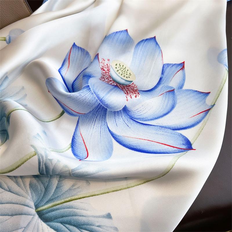 Summer Blue Lotus Silk-like Scarf 70x70cm Women Silk Scarves Luxury Bandana Hijab Neckerchief Shawl Kerchief Hair Band Foulard