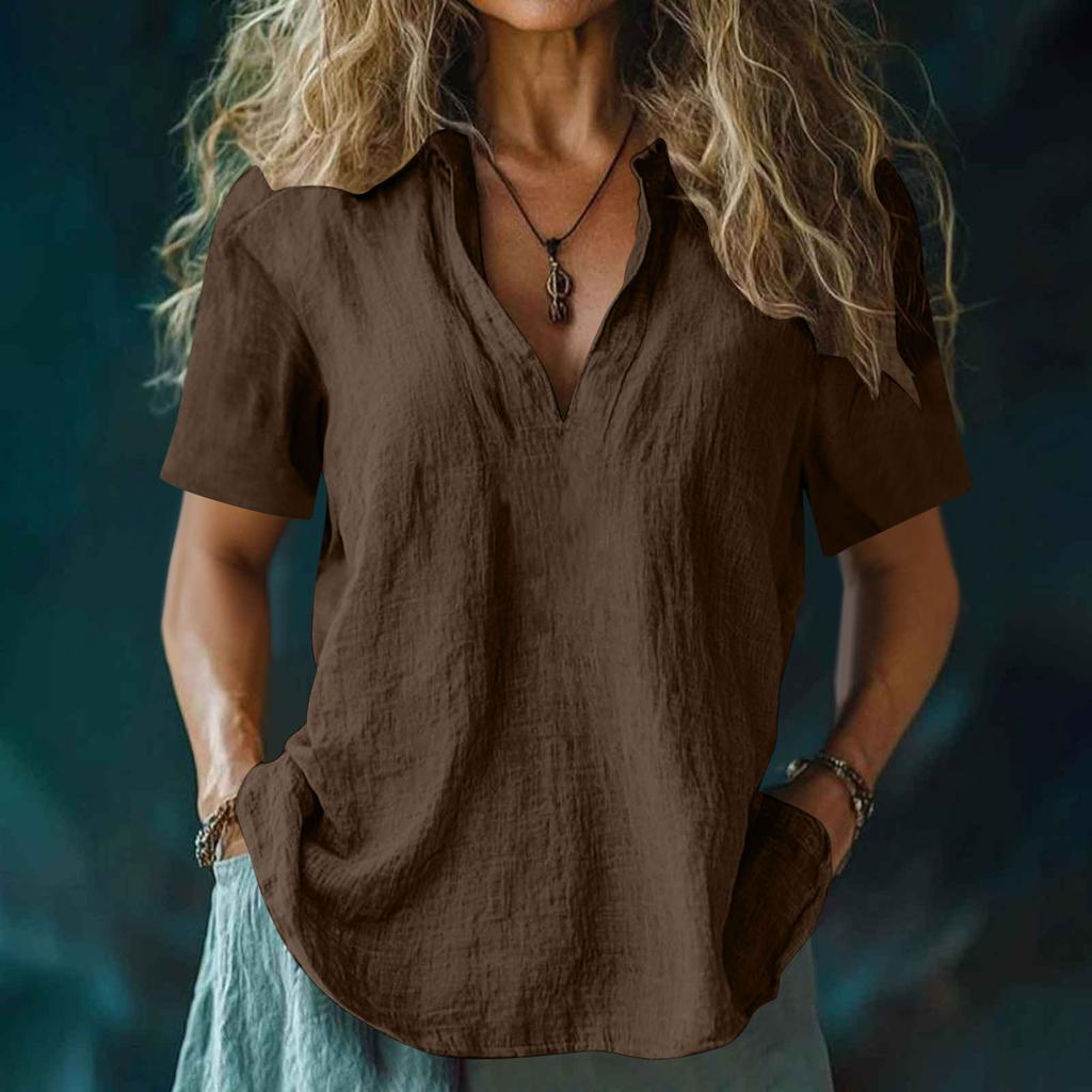 Womens Linen Short Sleeve V Neck Casual Blouse Loose Fit Lightweight Summer Top for Daily Work Travel Beach Wear