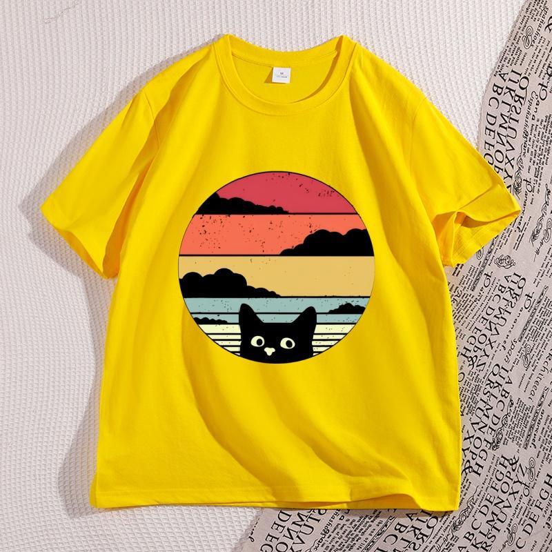 Schwarze Katze Sonnenuntergang T-Shirt Vintage Grafik Unisex T-Shirt Coole Streetwear Unisex T-Shirts Lässig Hohe Qualität Baumwolle Y2k Kleidung