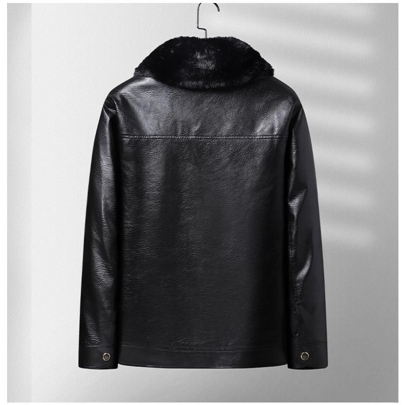 Autumn Winter Turn Down Fur Collar Fleece Lined PU Leather Jacket Men Casual Fashion Coat Warm Outwear Top