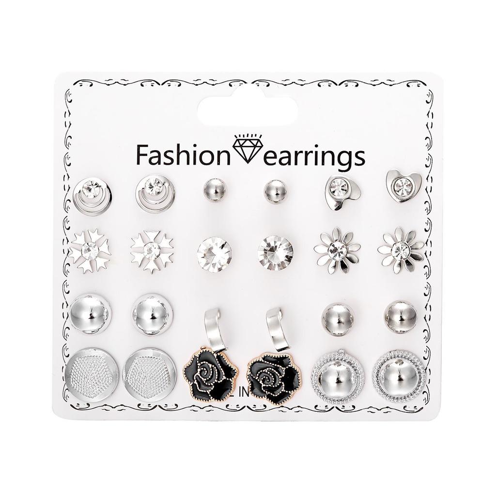 12-Pair Rhinestone Stud Earrings Set: Flower, Heart, Star & Moon Designs