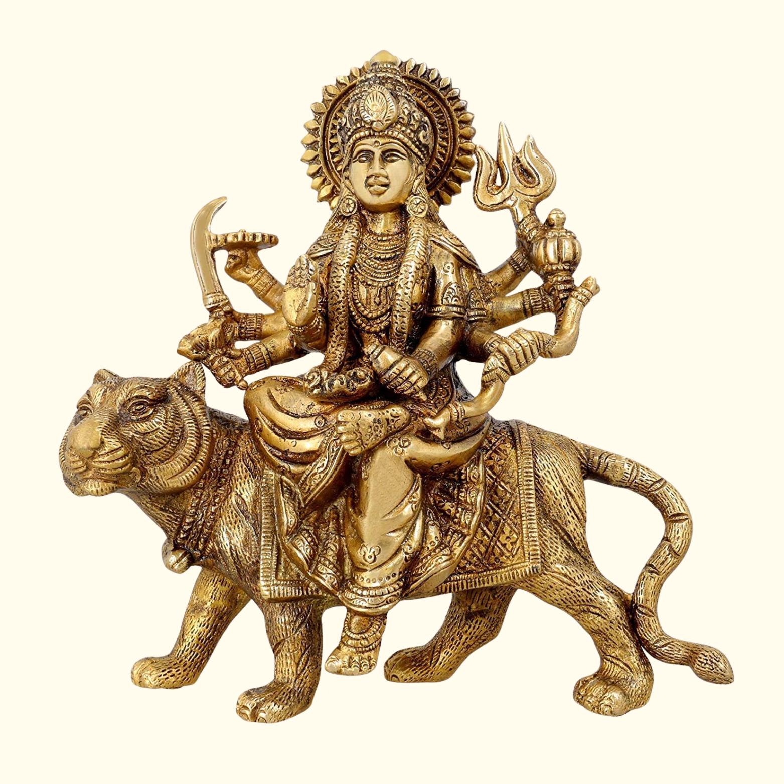 Shri Durga Mata Sitting On Tiger Ashtadhatu Brass Idol, Byaghra Devi - 12 Cm