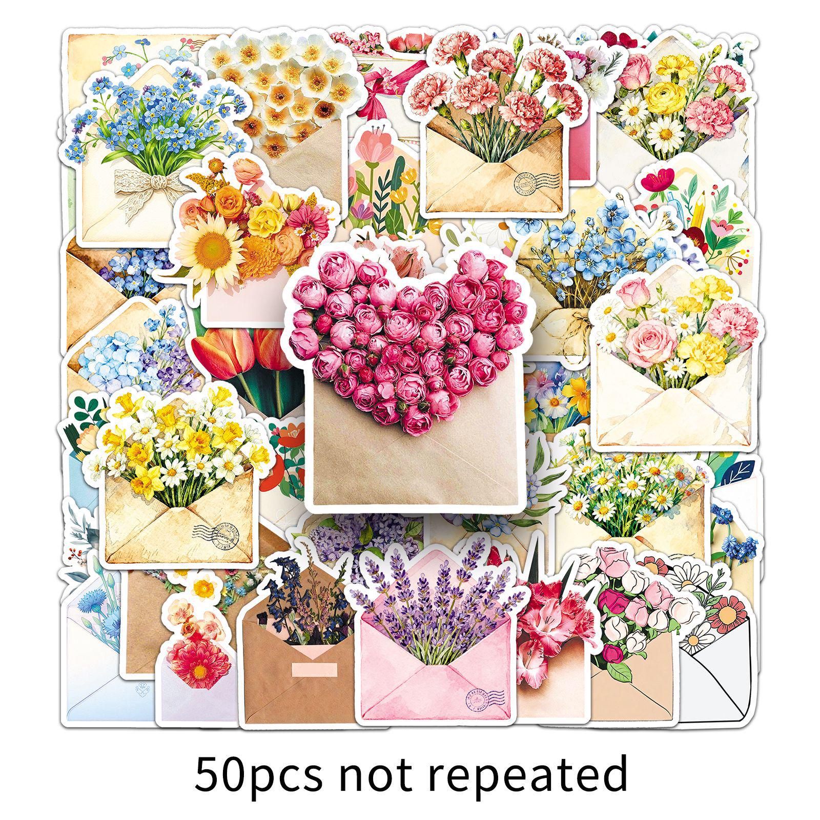 

50 Floral Bouquet Stickers: Heart & Flower Designs for Journals, Tablets, Phones, and More
