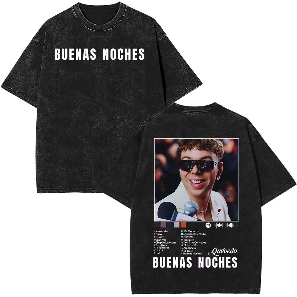 Rapper Quevedo Buenas Noches Vintage Washed T Shirt Mens High Quality Short Sleeve Tshirts Fashion Oversized Harajuku Tshirts