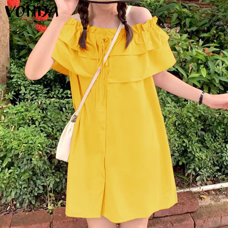 VONDA Dámské letní šaty s odhalenými rameny, jednobarevné, s volánky, s krátkým rukávem, áčkového střihu