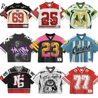 RogueWave Y2K American T-shirt Harajuku Hip Hop Fashion Football Jersey Streetwear Vintage Casual Breathable Splicing Loose Short Sleeve