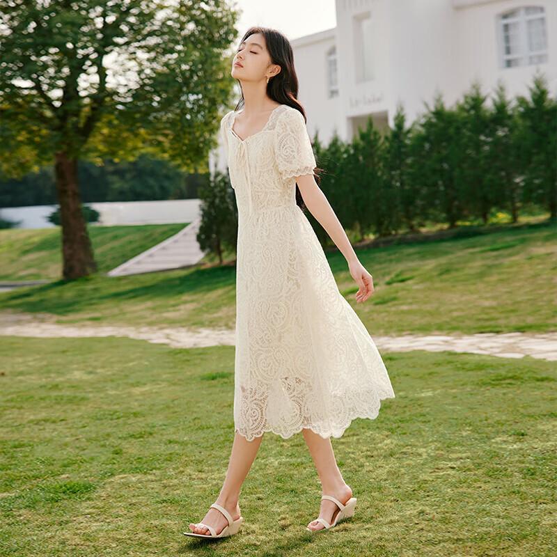 Xiangying Women's Lace Square Neck Puff Sleeve Dress
