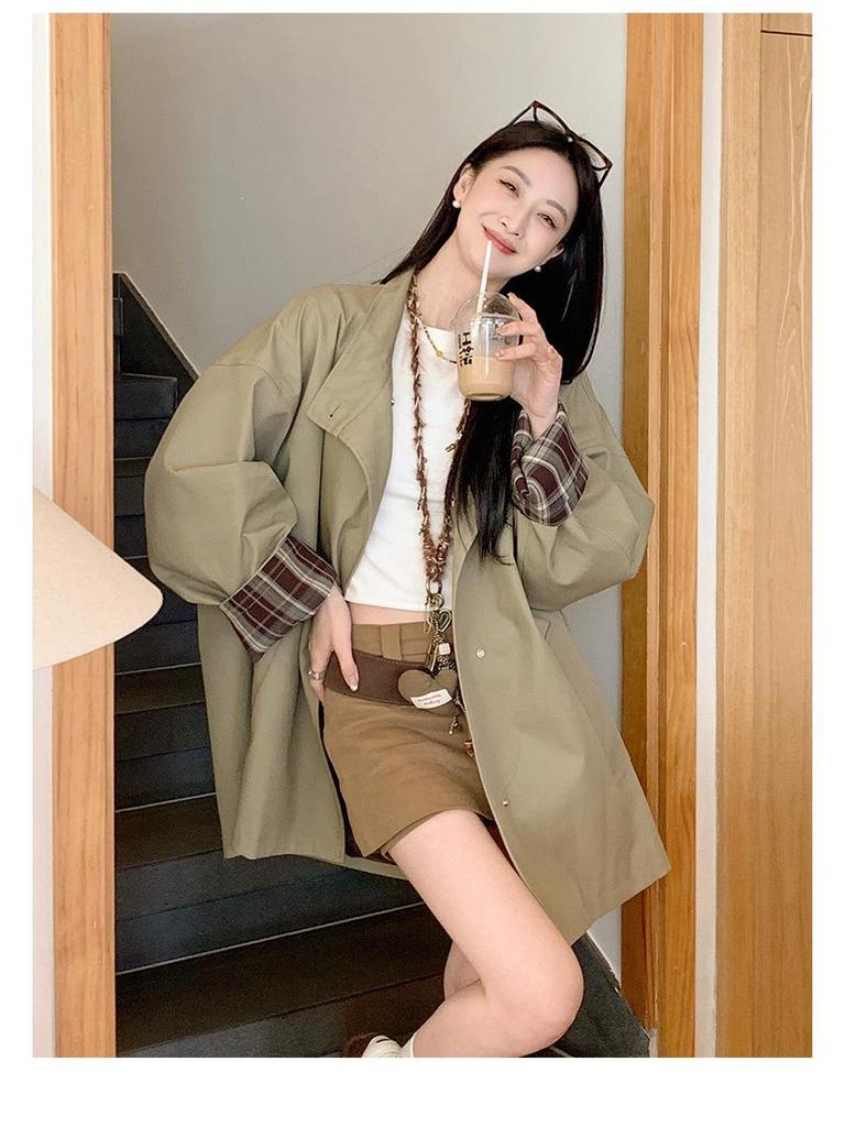 Women's Petite Color Block Short Trench Coat - 2025 Early Autumn Korean and British Style