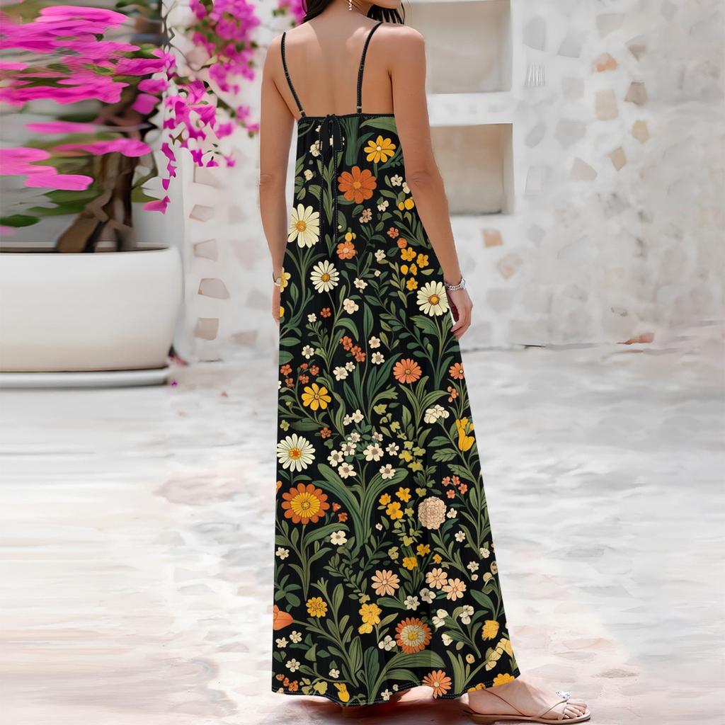 Damska Wiosenno-Letnia Codzienna Moda Regulowane Szelki Drukowana Długa Sukienka
