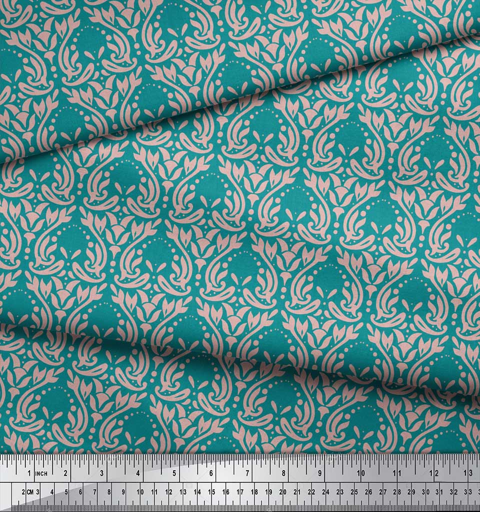 Soimoi Red Japan Crepe Satin Fabric Palmette Damask Decor Fabric Printed Metre 42 Inch