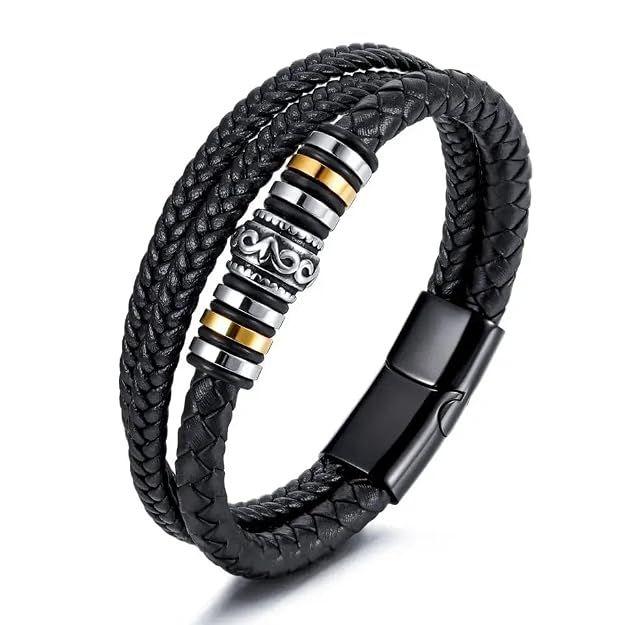 Anti Tarnish Stavros Stainless Steel Leather Black Bracelet for Men | Hand Bands for Boys | Wrist Bracelets for Man | Fashion Jewellery Accessories |
