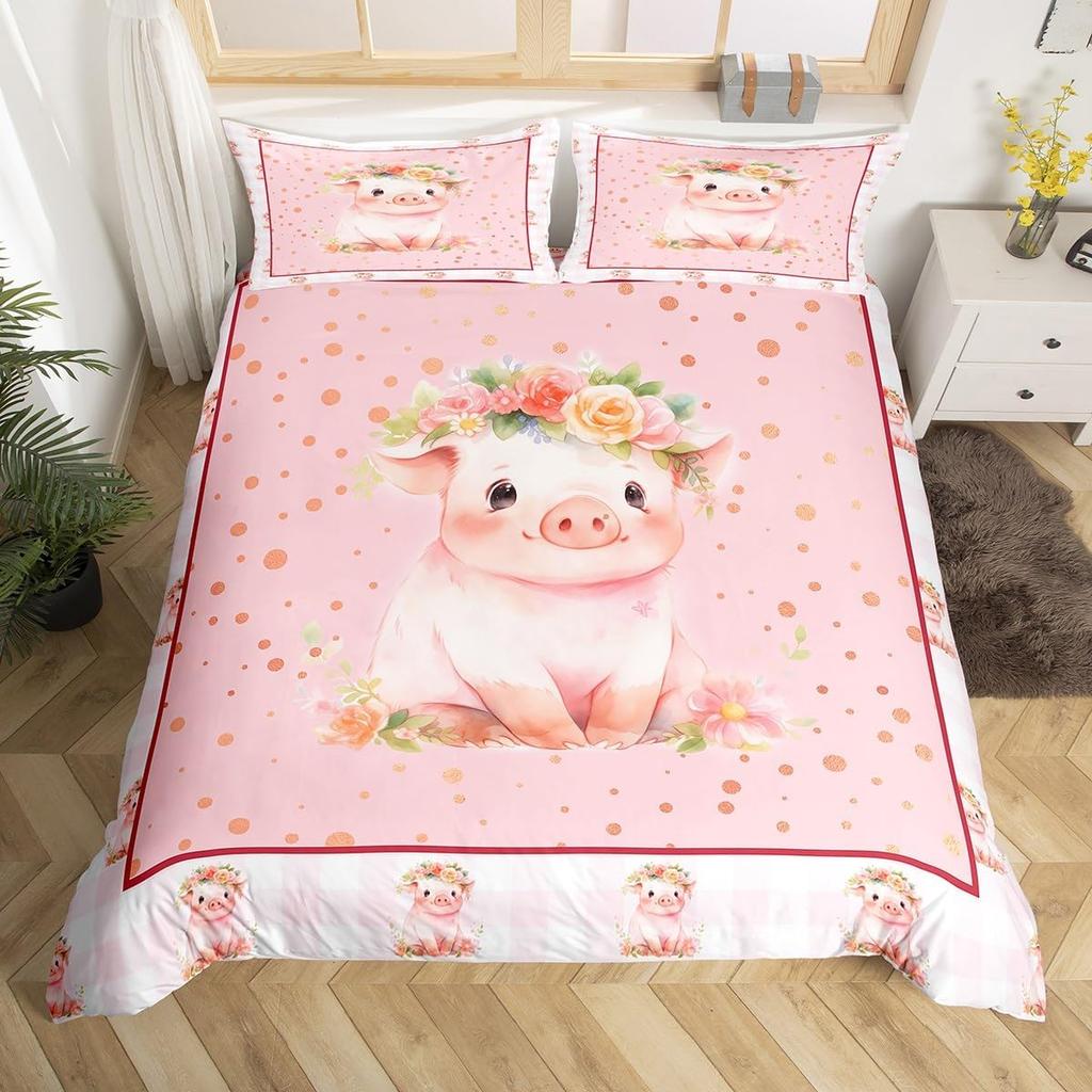 Cute Pig Duvet Cover Set Rose Flower Princess Bedding Set,Girls Women Room Decor,Cartoon Livestock Animal Rustic Comforter Cover