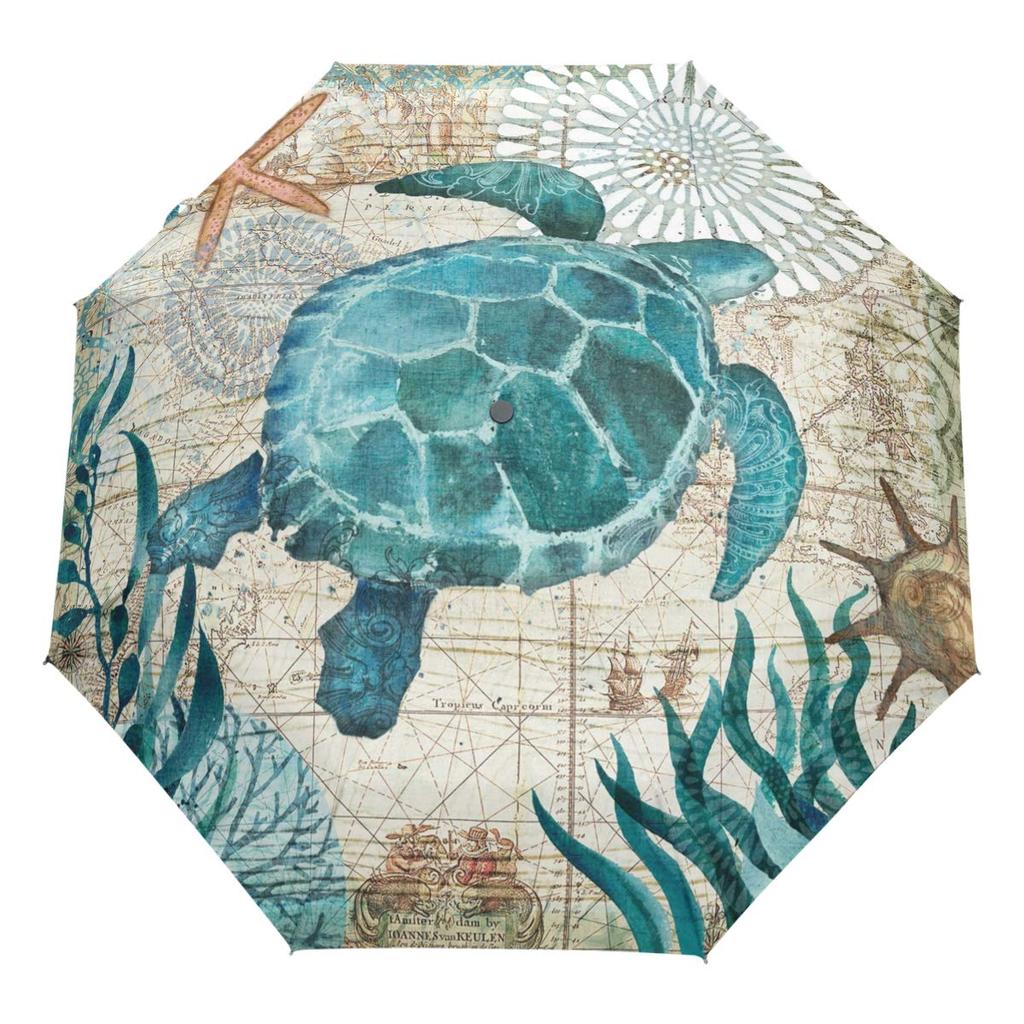 Ocean Sea Turtle Folding Rain Sun Umbrella Sea Creatures Travel Umbrellas Compact Lightweight Windproof for Teens Adults Kids