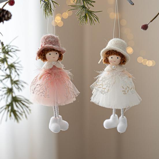 Christmas Angel Doll Hanging Decoration Top Hat Lace Dress Long Legged Plush Girl Hanging Ornament Holiday Party Pendant