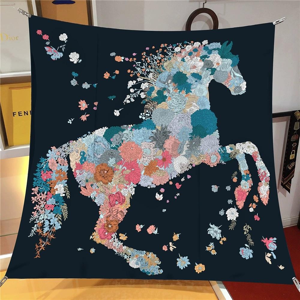 90CM Silk Scarf Women Flower Horse Print Square Scarves Head Echarpes Silk Foulards Femme Wraps Beach Shawls Bandana Lady Hijab