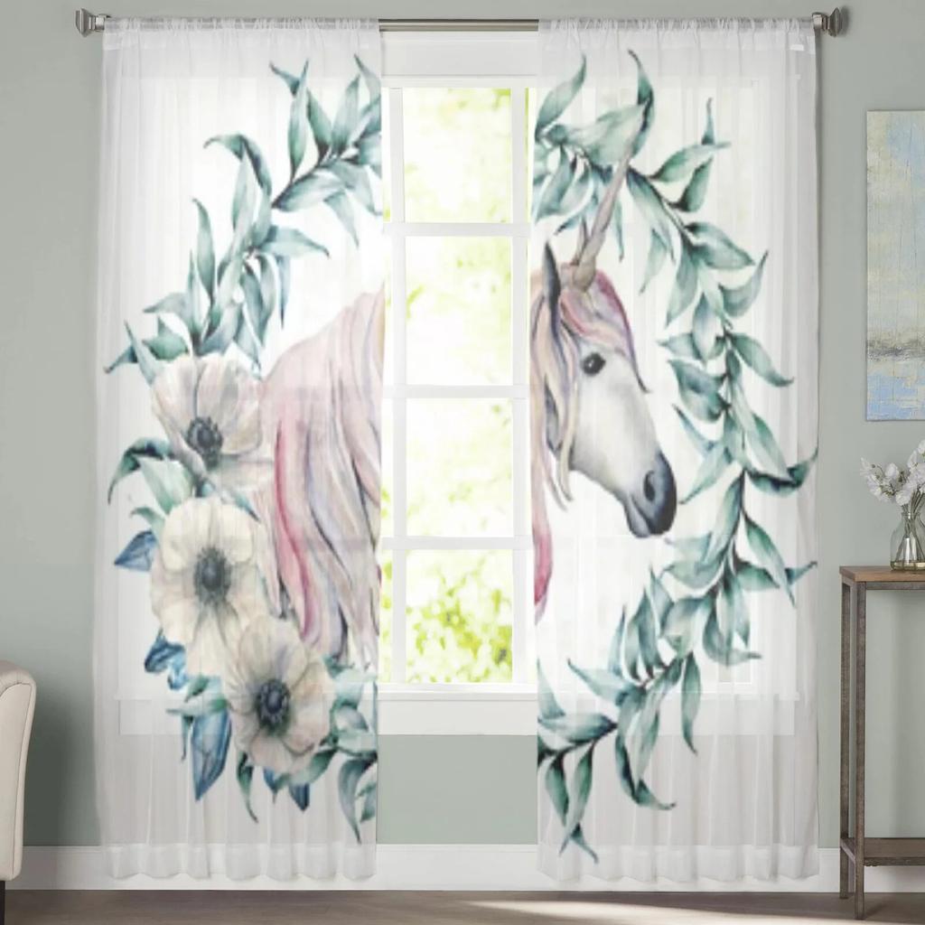 Eucalyptus Leaves And Unicorn Chiffon Sheer Curtains For Living Room Bedroom Decoration Window Tulle Curtains Drapes