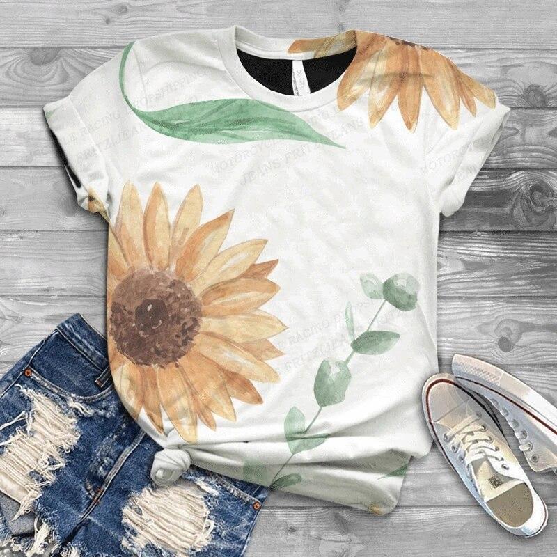 Dam T-shirt Solros 3d Tryck T-shirt Dam Mode Kortärmad Toppar Tees Damtoppar Blommig Camiseta Y2k Kläder Blomma