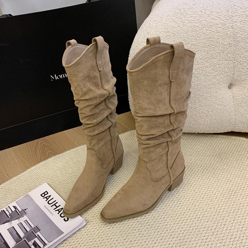 Large Tube Circumference Large Size Women's Shoes Suede Stacking Boots Western Cowboy Boots Thick Leg Boots Thigh Circumference Knight Boots