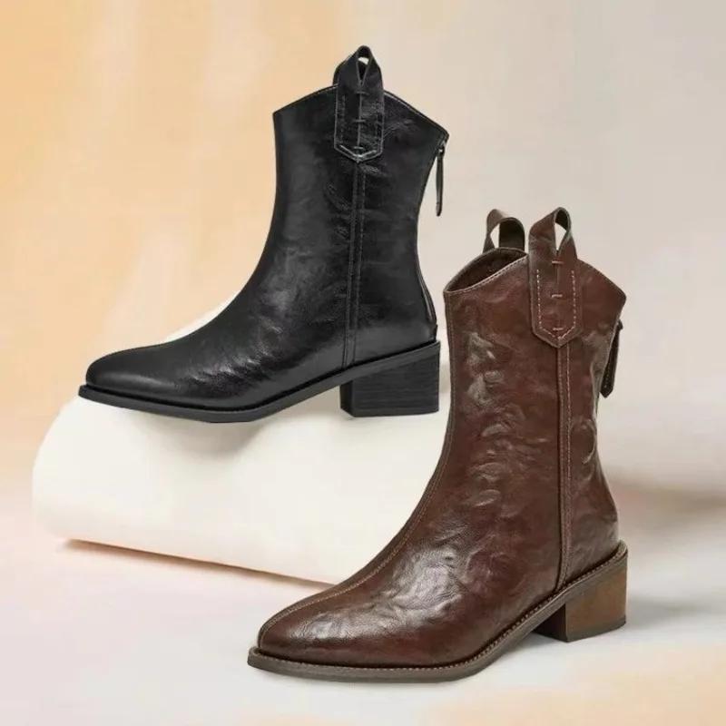 Fashion Women's Thick Heel Cotton Boots Winter New Pointed Rear Zipper Waterproof, Anti-slip and Wear-resistant Boots