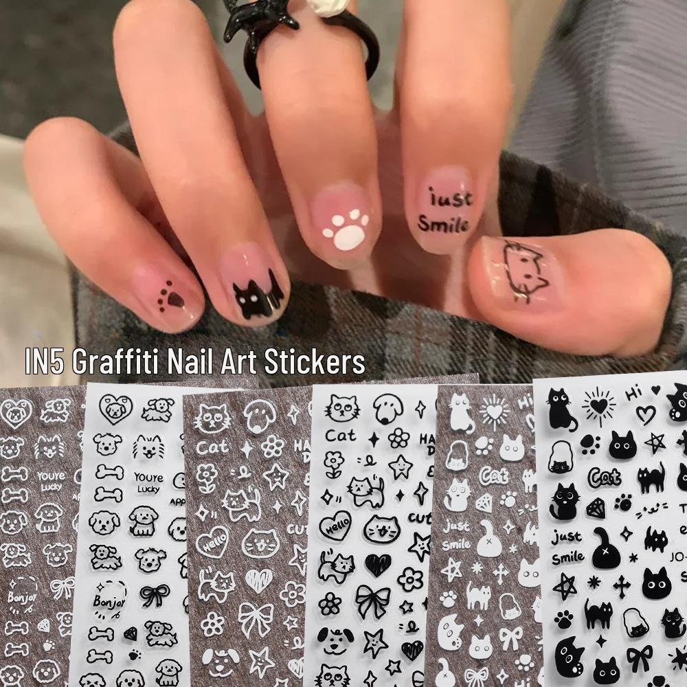 Graffiti Style Cute Cat Bow Nail Decals with Adhesive Backing - Sweet & Cool Nail Art Stickers