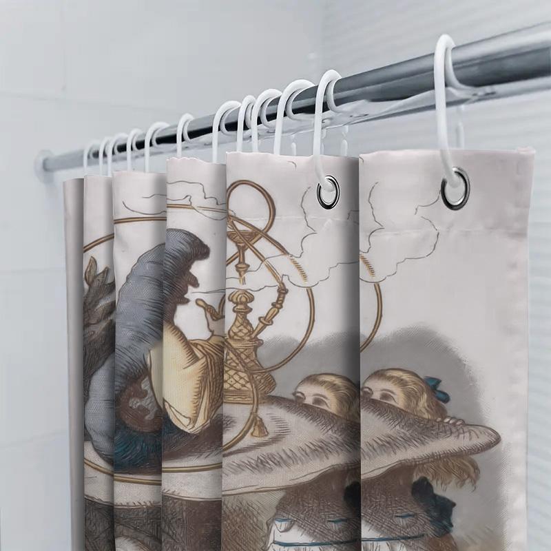 Whimsical Alice In Wonderland-Themed Shower Curtain With Vintage Illustrations For Bathroom Decor – Blue Mushroom Design