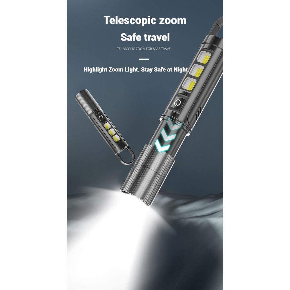 Multifunctional P50 Flashlight with Zoom, Strong Light, Telescopic Focus, Multifunctional Hole Exploration Patrol Keychain TYPE-C Charging