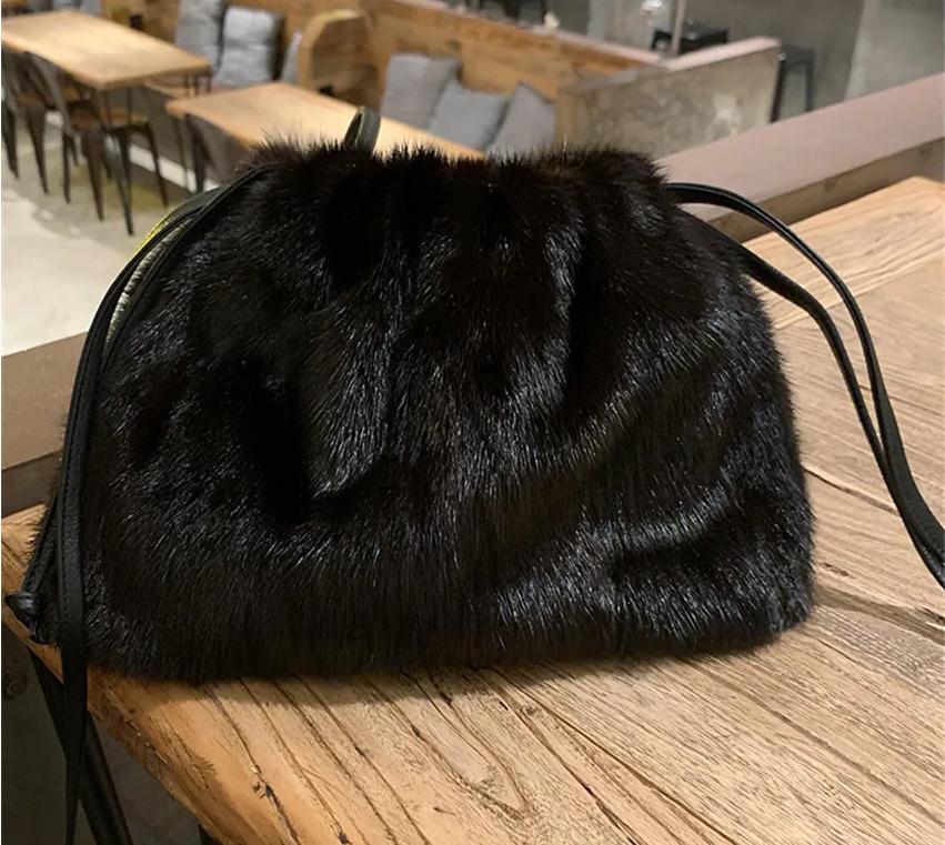 Luxury Women Mink Fur Bucket Bag
