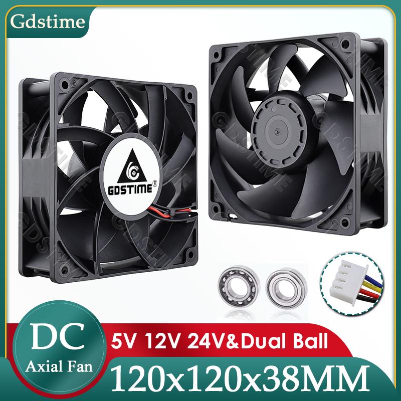 Gdstime DC 12V 24V 48V 12cm 120mm Dual Ball Cooler 12038 120x38mm Brushless Booster Fan for Btc Machine Chassis Cabinet Cooling Hydraulic 12V 2PIN чёрный