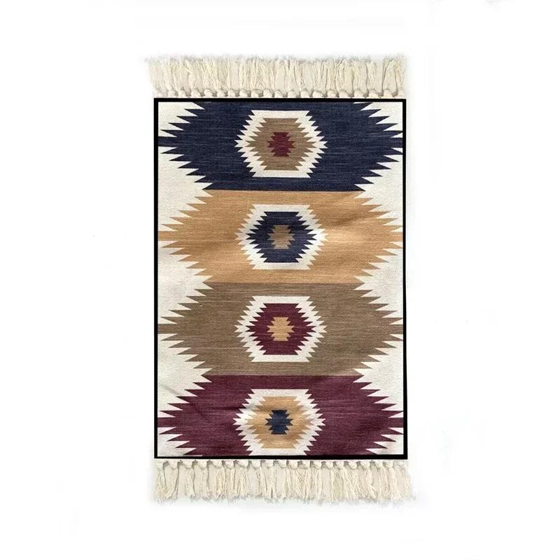 Persian Style Hand-Knotted Floor Mat With Tassels Retro Ethnic Geometric Printed Area Rugs Kitchen Bedroom Bath Non-Slip Carpet