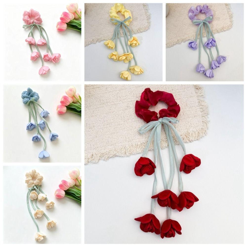 Long Streamer Bell Orchid Scrunchie Fairy Style Bell Flower Ponytail Holder  Birthday Gift