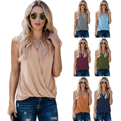 Fashion Clothes Women's Casual Summer Tops Sleeveless Shirts Beach Wear Camisole Vest Solid Color Pleated Shirts Ladies Deep V-neck Club Tops