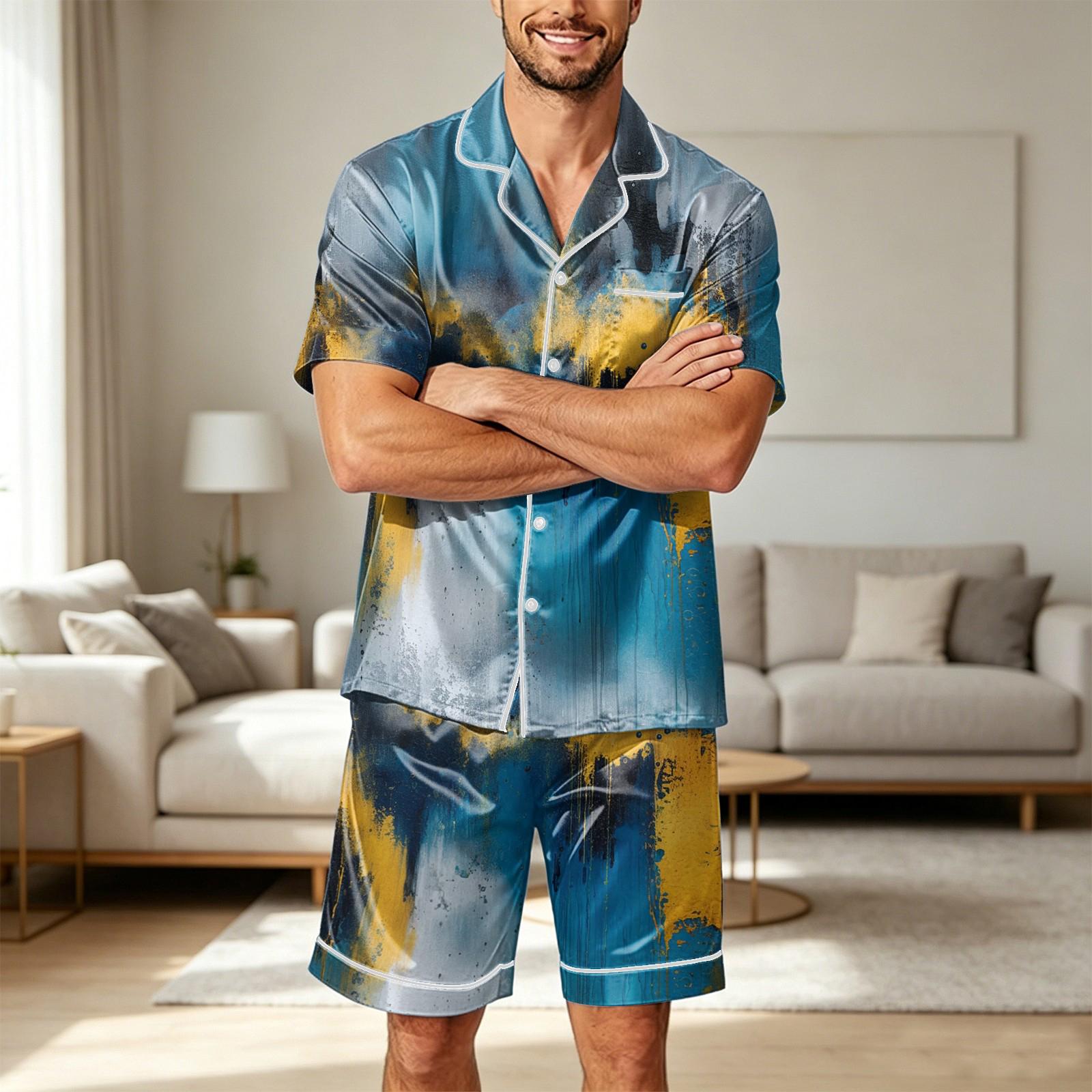

Men Satin Short Sleeve Pajama Set Two Piece Sleepwear with Shorts and Pockets Lightweight Comfortable Lounge Wear XXL синий