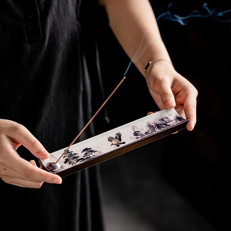 Guochao River & Mountain Ceramic Incense Holder - Retro Incense Stick Tray for Indoor Use