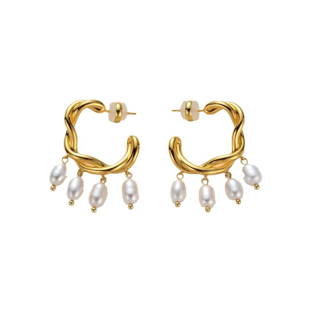 Retro French Earrings Light Luxury Premium Exquisite Baroque Natural Freshwater Pearl Twist Rope Circle Earrings