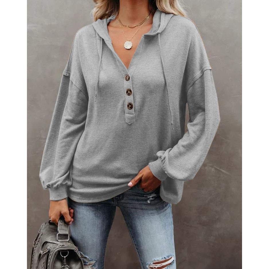 Woman Sweater Autumn/winter Buttons Hooded Leisure Loose Solid Color Lantern Sleeve Woman's Coat