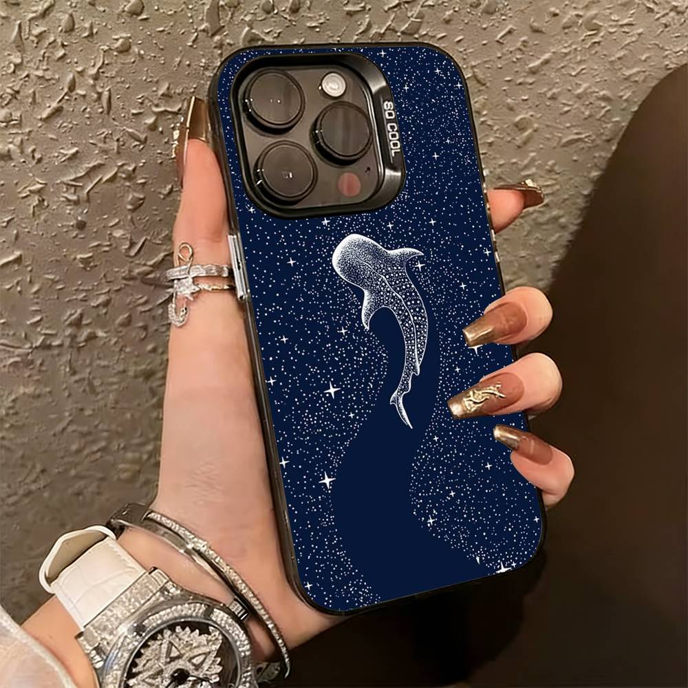 Line W-Whale Phone Case For iPhone 17,16,15,14,13,12,11 Plus,Pro Max,XS,Colored Silver Plated Inside Cover