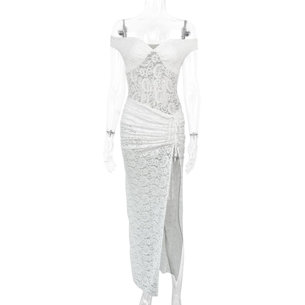 European and American style popular new dress tube top halter lace high split skirt shrink pleated hip wrap dress