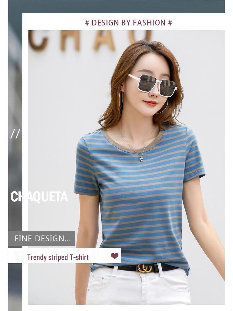 366 Sommer Gestreiftes Retro Lockeres Color Block T-Shirt - Koreanischer Stil Rundhals Kurzarm