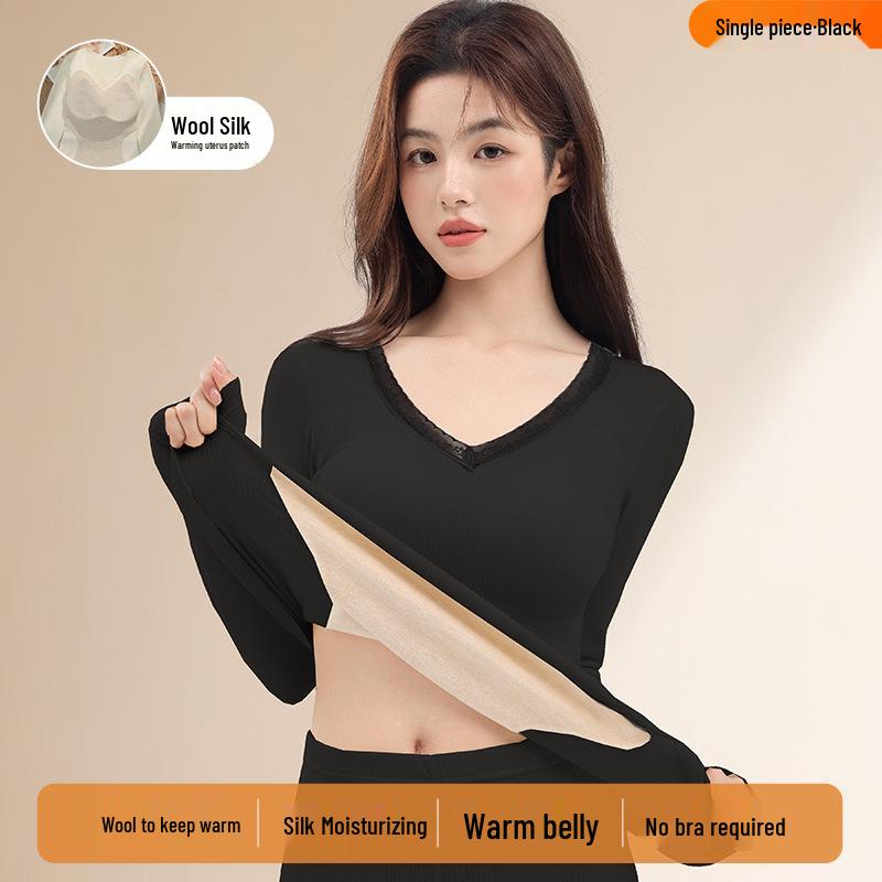 Women's Thermal Underwear Set with Padded Top, Fleece-Lined for Fall/Winter, Wool-Silk Blend