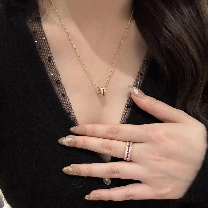 Light Luxury, High-End Sense, Antique Color, Ruby Three-Row Diamond Ring, Necklace, Luxury Temperament Set