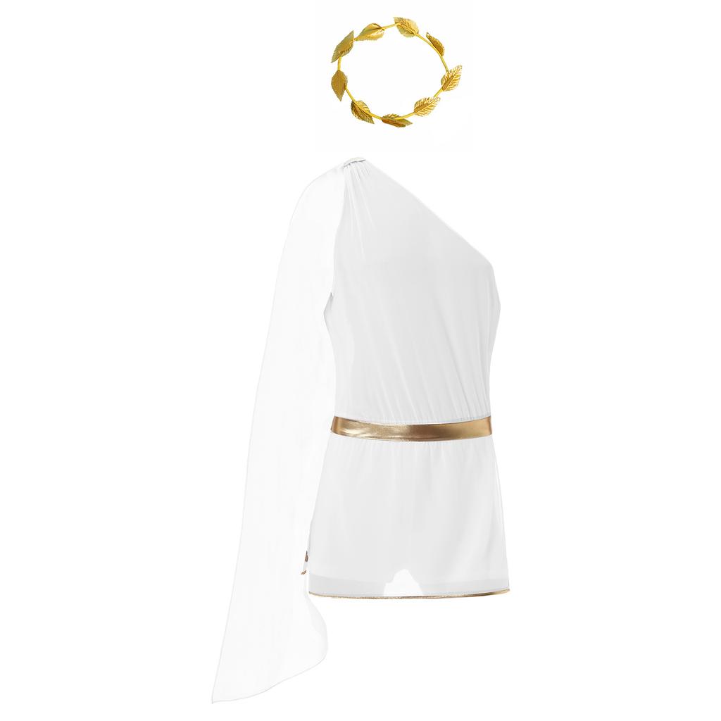 Mens Ancient Greek Costume One Shoulder Skirted Bodysuit Gold Leaf Headpiece Mythology Cosplay Set
