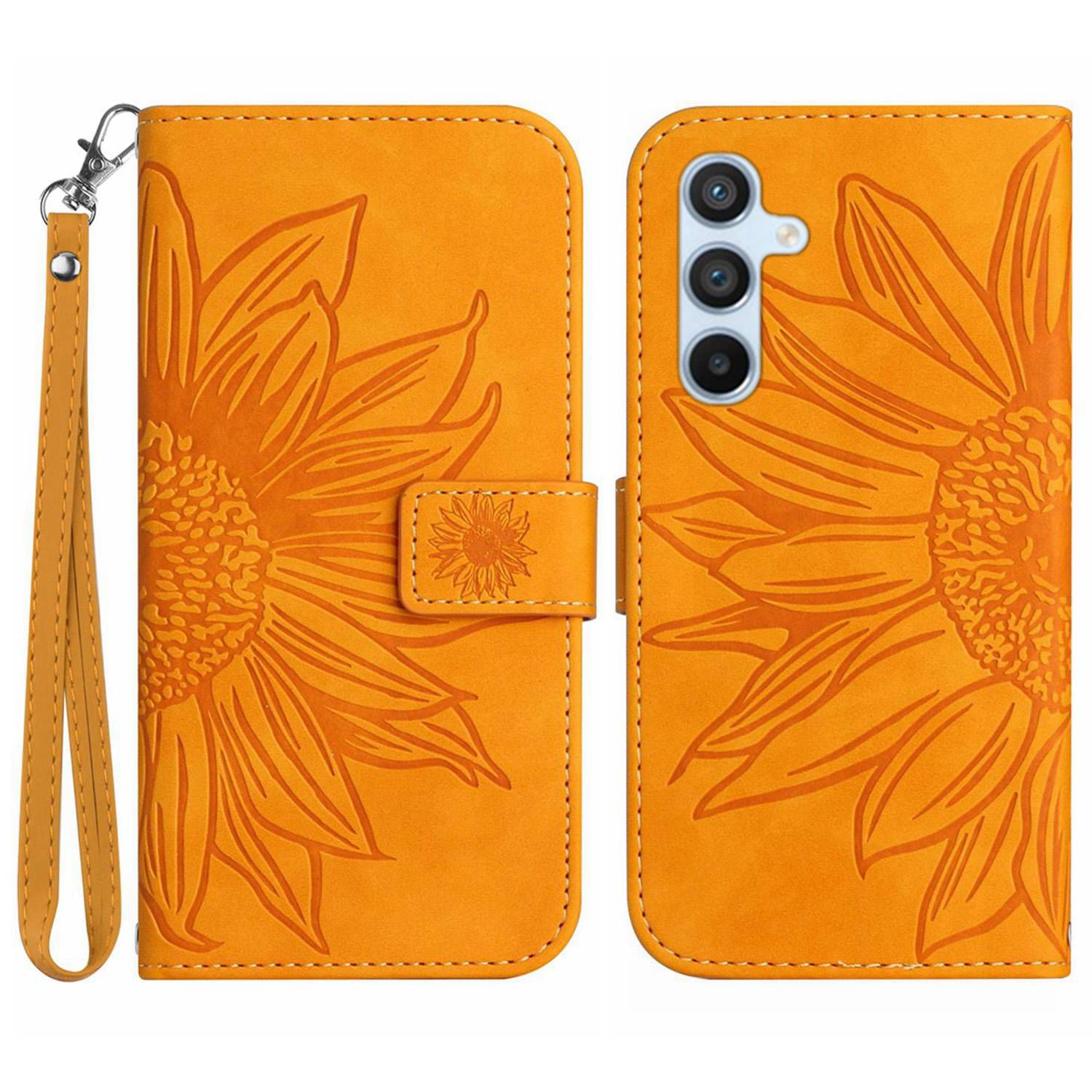 

For Samsung Galaxy A56 5G/M56 5G Case Sunflower Imprint Leather Wallet Phone Cover with Wrist Strap Yellow
