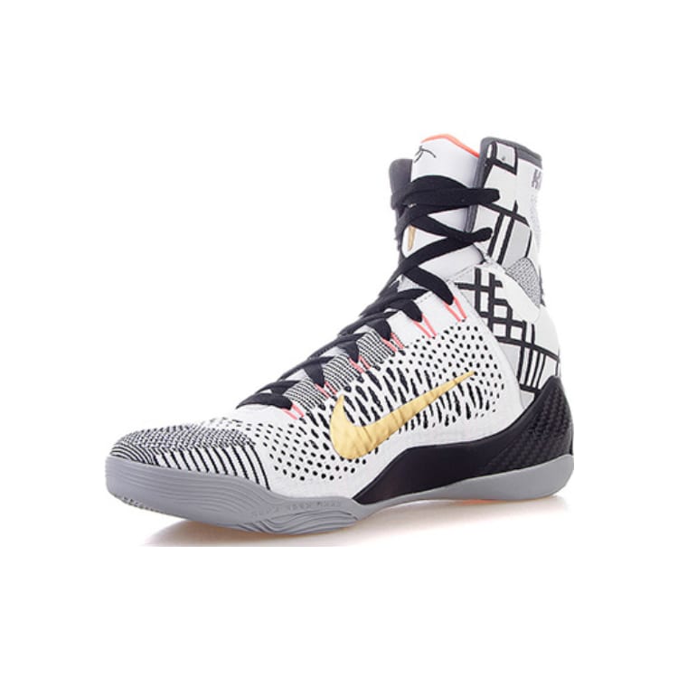 Nike Kobe 9 Elite Gold Fundamentals High top Basketball Shoes Men's White Black Gold 630847-100