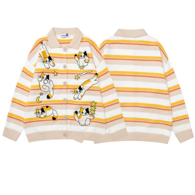 Amerikanischer Retro Cartoon Katze Gestickter Strickcardigan Lockere Passform Herren Damen Paare